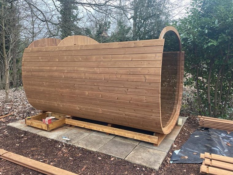 Barrel sauna on its new base