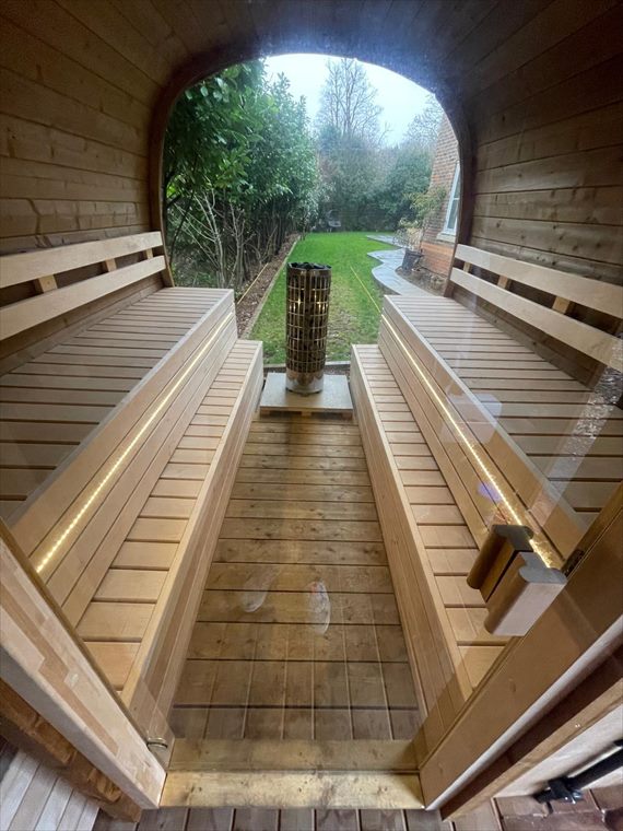 Inside the barrel sauna