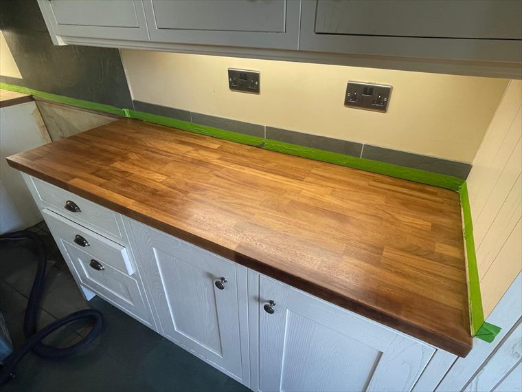 Oak worktops on white shaker units